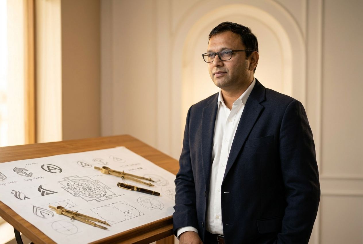 Ammitt ji's atelier — hand-drawn logo grids, brass compass and mala beads